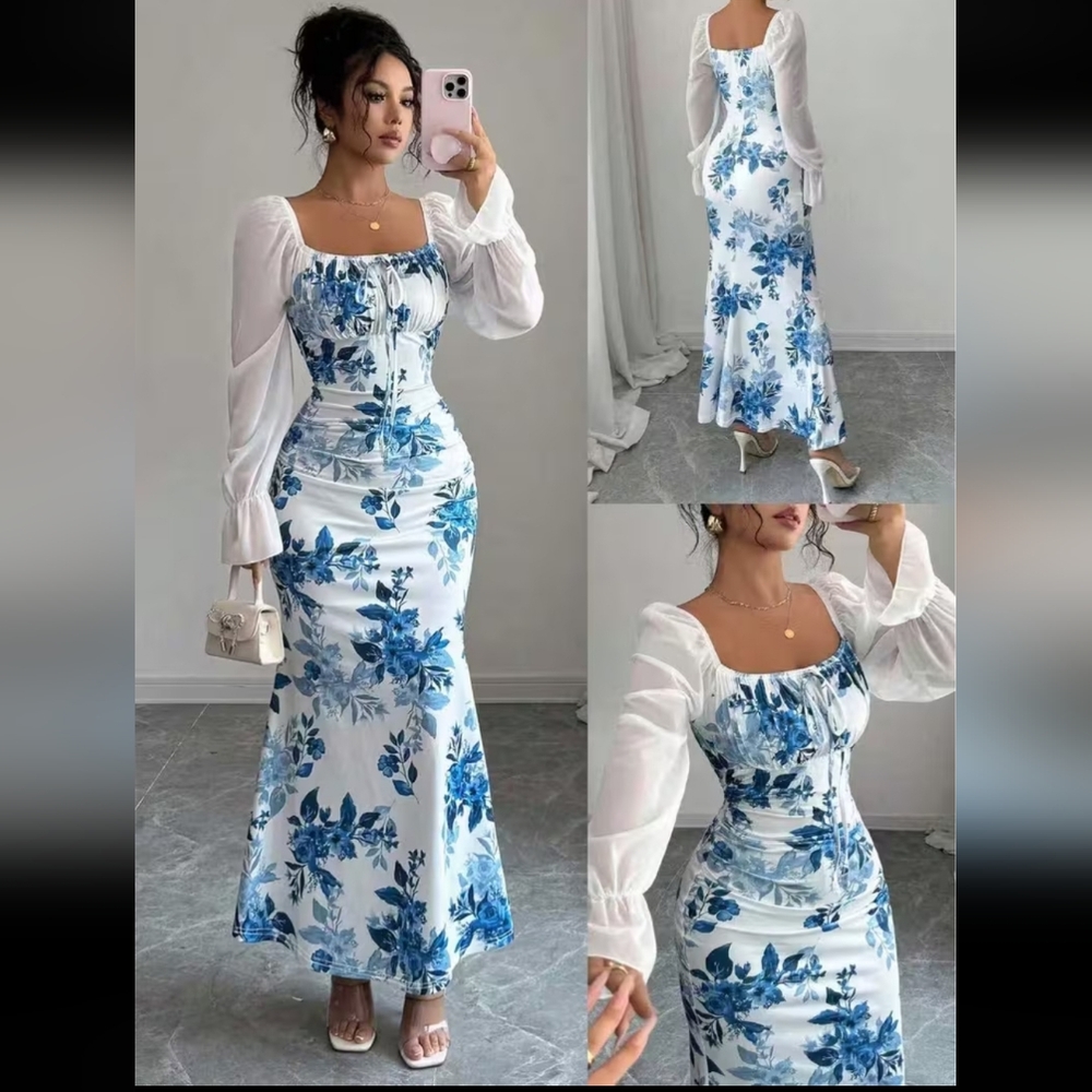 Blue and White Tiered Long Sleeve Sundress. NWOT